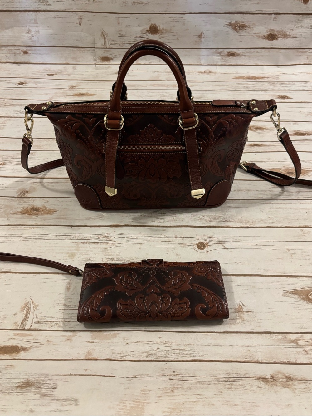 PIJUSHI Embossed Genuine Brown Leather Satchel and Crossbody Bag/Wristlet Set - Picture 2 of 16